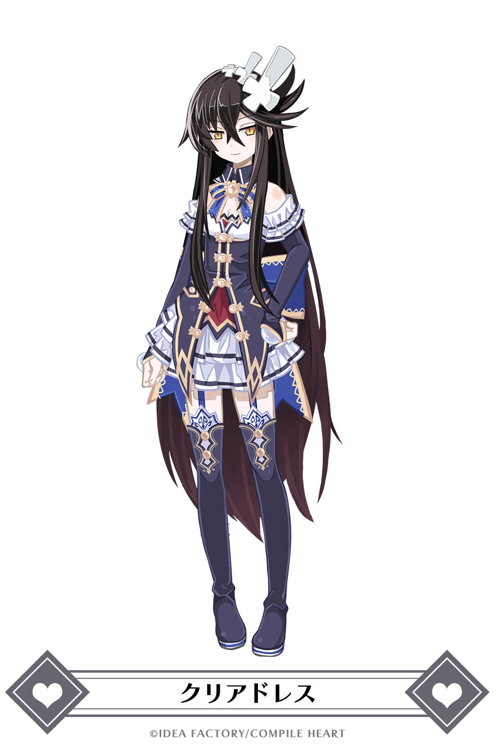 1girl, bare_shoulders, black_hair, breasts, cleavage, cosplay, faust_(makai_shin_trillion), full_body