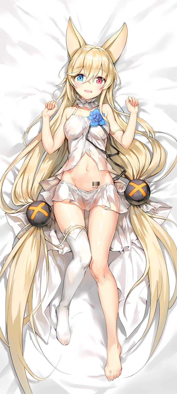1girl, :d, animal_ears, babydoll, bangs, barcode_tattoo, bed_sheet, blonde_hair