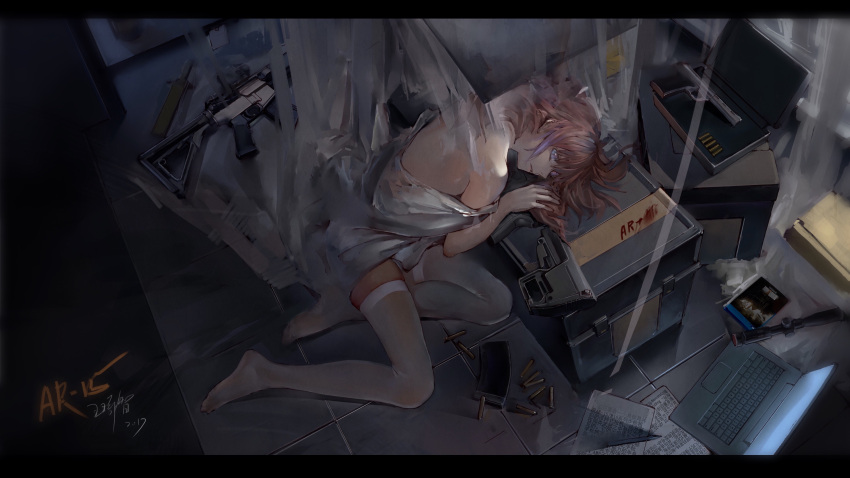1girl, absurdres, ar-15, assault_rifle, automag, bare_shoulders, blue_eyes, brown_hair, character_name, computer, dated, girls_frontline, gun, gun_case, handgun, highlights, highres, indoors, ittou, laptop, letterboxed, long_hair, magazine, multicolored_hair, parted_lips, pen, pistol, purple_hair, rifle, shell_casing, sidelocks, sitting, solo, st_ar-15_(girls_frontline), thigh-highs, weapon, white_legwear, yokozuwari