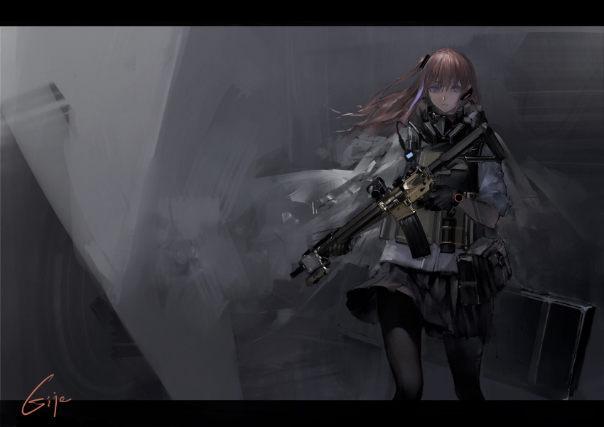 1girl, absurdres, ar-15, artist_name, assault_rifle, black_gloves, black_skirt, blue_eyes