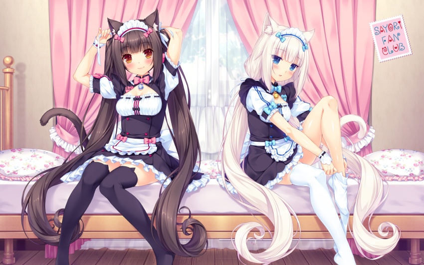 2girls, :3, adjusting_hair, animal_band_legwear, animal_ears, apron, artist_name, bed, bell, black_legwear, blue_eyes, blush, bow, bowtie, breasts, brown_eyes, brown_hair, cat_band_legwear, cat_ears, cat_tail, chocola_(sayori), cleavage_cutout, curtains, dressing, fanbox_reward, frilled_apron, frills, highres, jingle_bell, long_hair, looking_at_viewer, maid_headdress, multiple_girls, name_tag, nekopara, no_shoes, official_art, paid_reward, pillow, ribbon, sayori, sitting, slit_pupils, small_breasts, smile, tail, thigh-highs, twintails, tying_hair, vanilla_(sayori), very_long_hair, waist_apron, waitress, wallpaper, white_hair, white_legwear, wooden_floor, wrist_cuffs