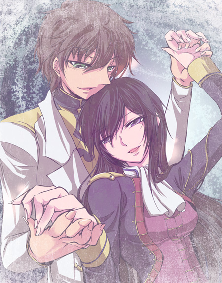 black_hair, brown_hair, code_geass, formal, genderswap, green_eyes, kururugi_suzaku, lelouch_lamperouge, long_hair, luluko, purple_eyes, redblood, violet_eyes