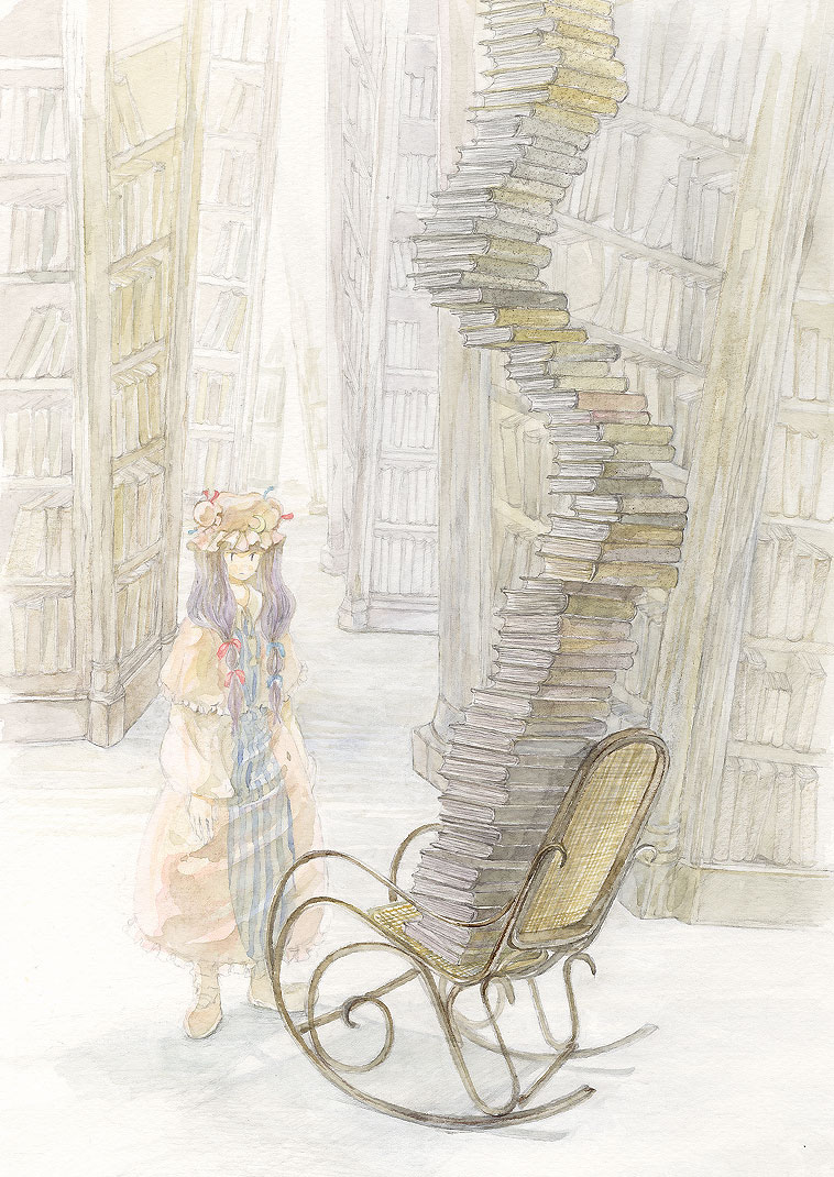 fujita_yuuya, library, patchouli_knowledge, stacking, touhou, traditional_media, voile, watercolor_(medium)