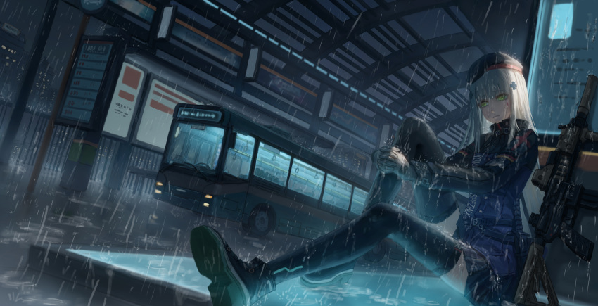 1girl, assault_rifle, beret, black_legwear, blue_hair, bus, bus_stop, cityscape