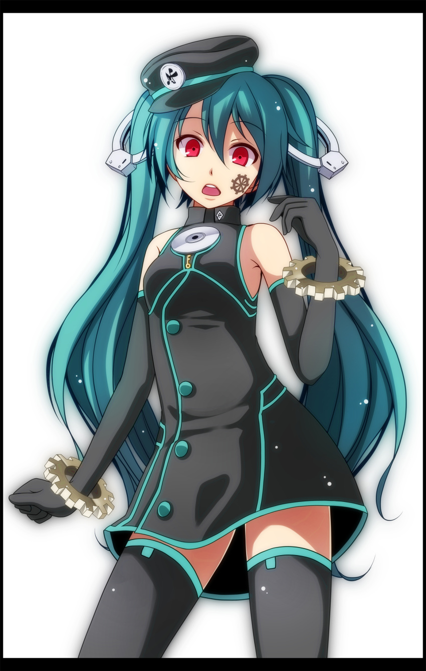 1girl, :o, absurdres, arm_at_side, bare_shoulders, black_border, black_dress, black_gloves
