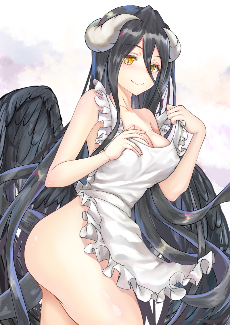 1girl, albedo, apron, apron_pull, black_hair, black_wings, blush, breasts