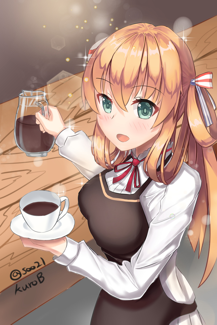 1girl, absurdres, alternate_costume, apron, blush, breasts, brown_hair, coffee