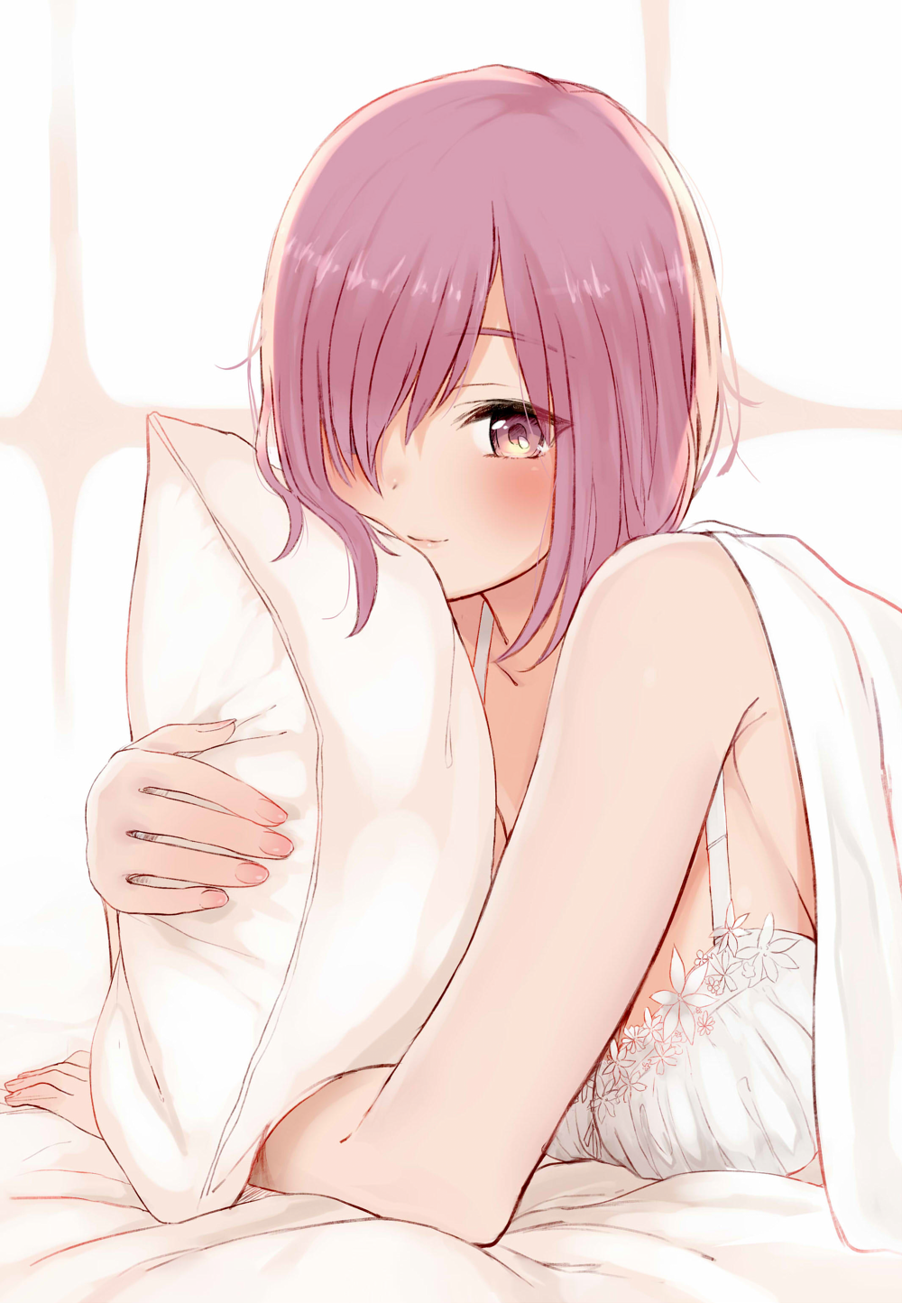 1girl, bare_shoulders, bed_sheet, blanket, blush, bra, breasts, cleavage