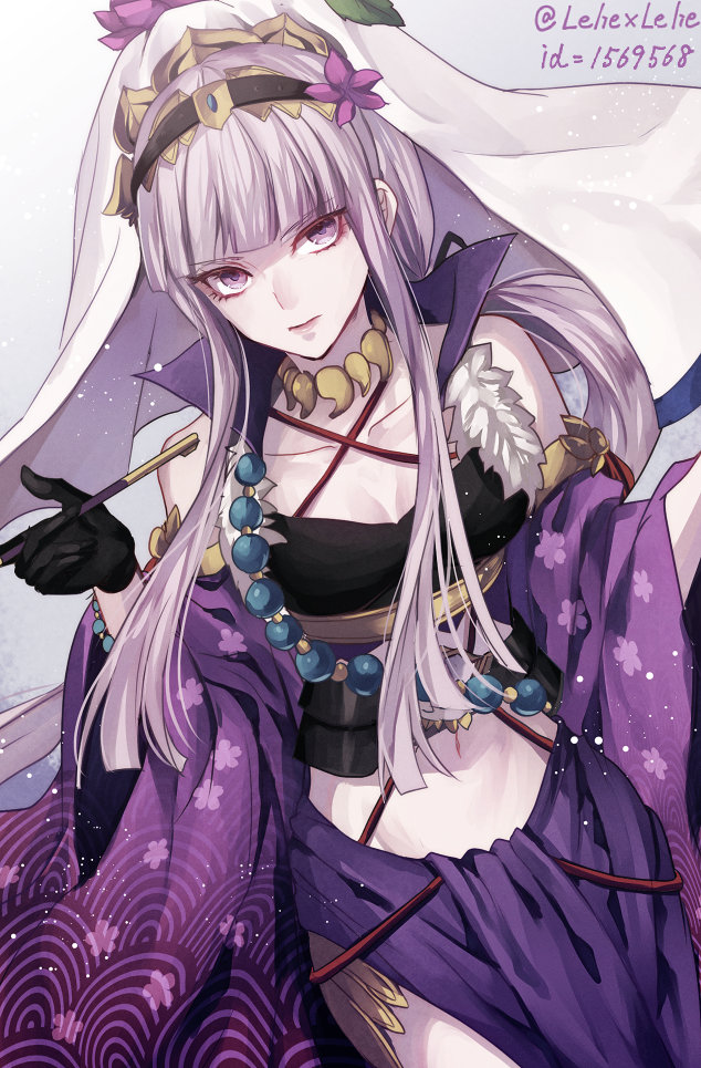 1girl, bangs, bare_shoulders, beads, black_gloves, black_hairband, blunt_bangs, breasts