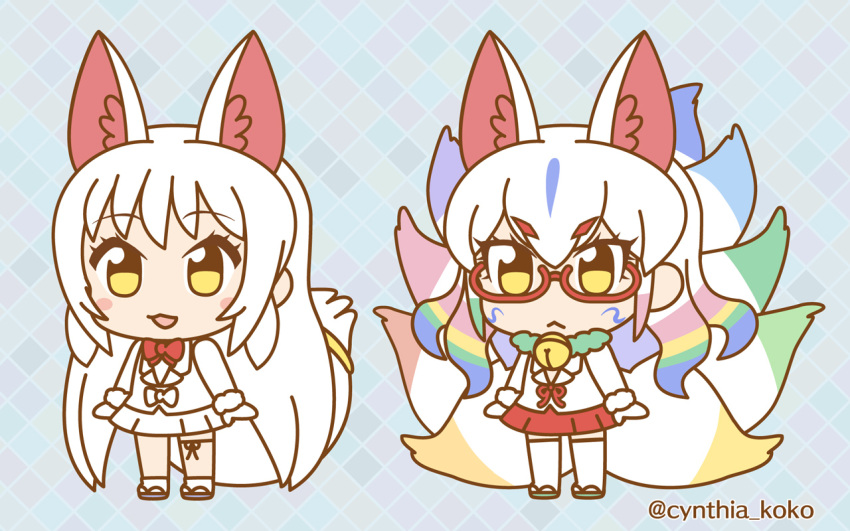 2girls, animal_ears, bell, bell_collar, bow, chibi, collar, extra_ears, eyebrows_visible_through_hair, fox_ears, fox_tail, full_body, fur_collar, fur_trim, glasses, jacket, jingle_bell, kemono_friends, kemono_friends_pavilion_(style), kyuubi, kyuubi_(kemono_friends), long_hair, miniskirt, multicolored_hair, multiple_girls, multiple_tails, official_style, oinari-sama_(kemono_friends), rainbow_hair, red_skirt, sakuragi_rian, skirt, standing, tabi, tail, thigh-highs, thigh_strap, twitter_username, very_long_hair, white_hair, white_jacket, white_legwear, white_skirt, yellow_eyes, zettai_ryouiki, zouri