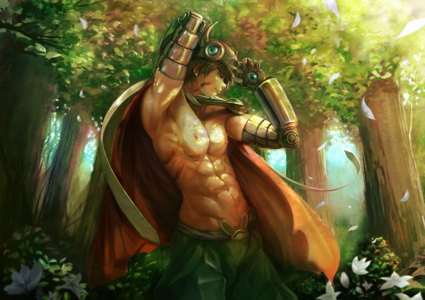 1boy, abs, arm_up, armpits, brown_eyes, brown_hair, bush, cape
