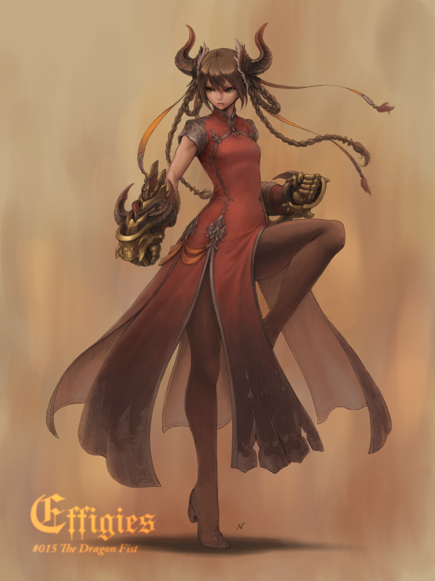 1girl, absurdres, black_legwear, braid, breasts, brown_eyes, brown_hair, clenched_hands