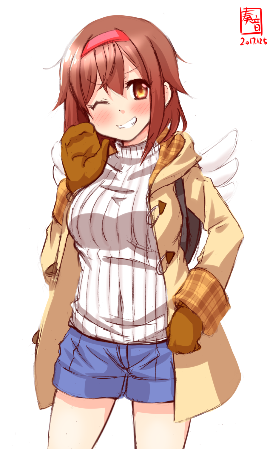 1girl, backpack, bag, blue_shorts, brown_coat, brown_eyes, brown_hair, brown_mittens, coat, cosplay, dated, grin, hairband, highres, kanon, kanon_(kurogane_knights), kantai_collection, logo, looking_at_viewer, mittens, one_eye_closed, red_hairband, ribbed_sweater, shiratsuyu_(kantai_collection), short_hair, shorts, simple_background, smile, solo, sweater, tsukimiya_ayu, tsukimiya_ayu_(cosplay), upper_body, white_background, white_sweater, winged_backpack