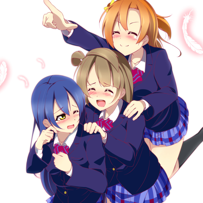 3girls, bangs, blazer, blue_hair, blush, brown_eyes, feathers, grey_hair
