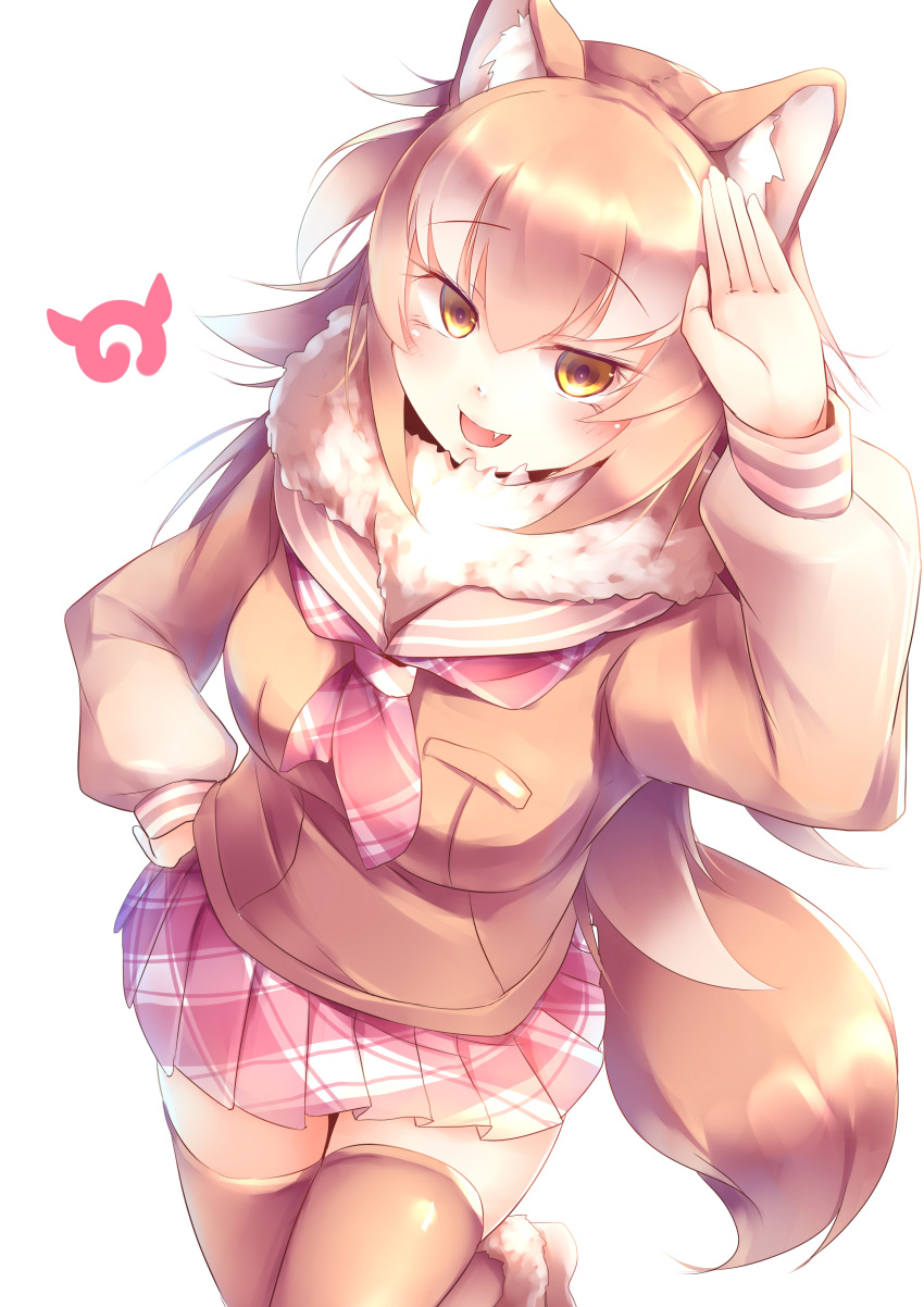 1girl, :d, absurdres, animal_ears, commentary_request, fang, fur_collar, hand_on_hip