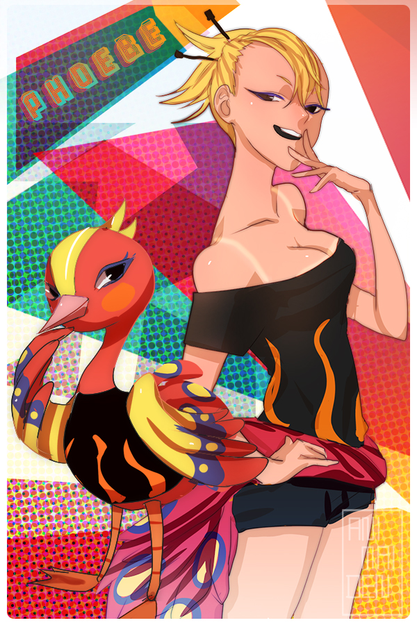 1girl, animaiden, artist_name, bare_shoulders, bird, blonde_hair, breasts, character_name, cleavage, doubutsu_no_mori, feathered_wings, hair_ornament, hair_stick, hinoko_(doubutsu_no_mori), makeup, open_mouth, personification, ponytail, solo, tan, teeth, upper_body, wings