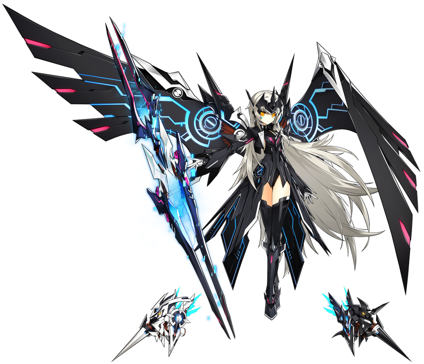 1girl, artist_request, black_footwear, black_legwear, black_leotard, black_wings, boots, code:_ultimate_(elsword), cropped_jacket, elsword, eve_(elsword), expressionless, floating, full_body, gloves, highres, knee_boots, leotard, long_hair, official_art, robot, solo, thigh-highs, transparent_background, weapon, white_hair, wings, yellow_eyes