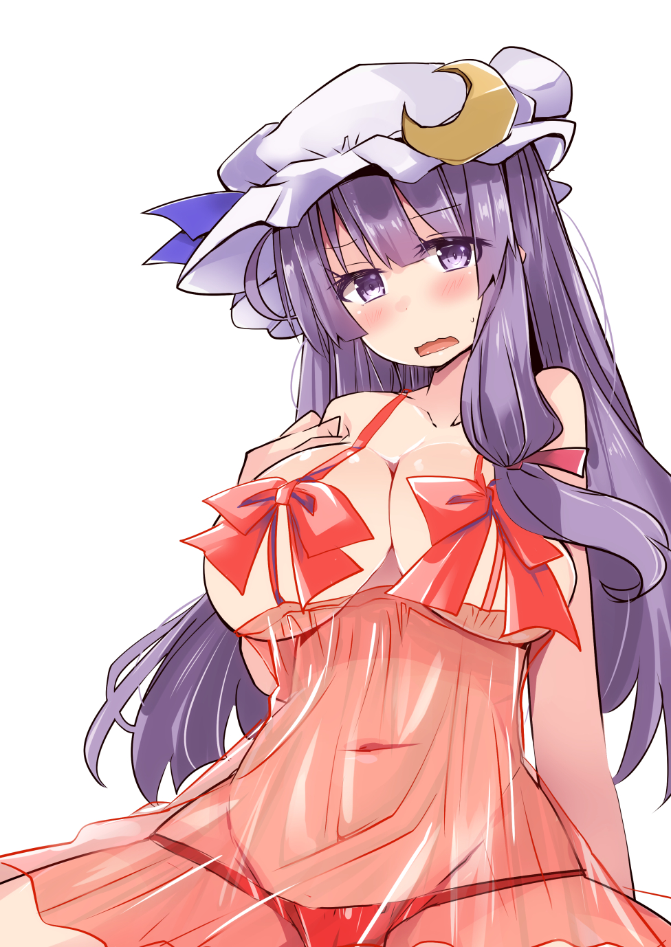 1girl, bangs, bare_arms, blunt_bangs, blush, breasts, cleavage, crescent