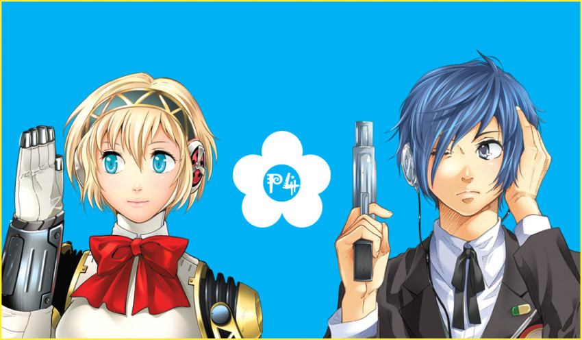 arisato_minato, blonde_hair, blue_eyes, blue_hair, evoker, gun, headphones, koremi2