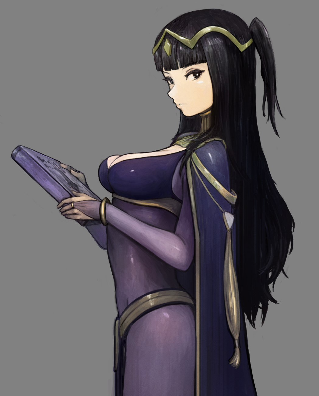 1girl, bangle, black_hair, bodystocking, bodysuit, book, bracelet, bridal_gauntlets, cape, circlet, fire_emblem, fire_emblem:_kakusei, highres, jewelry, long_hair, looking_at_viewer, skin_tight, solo, tamaishi, tharja, tiara, two_side_up