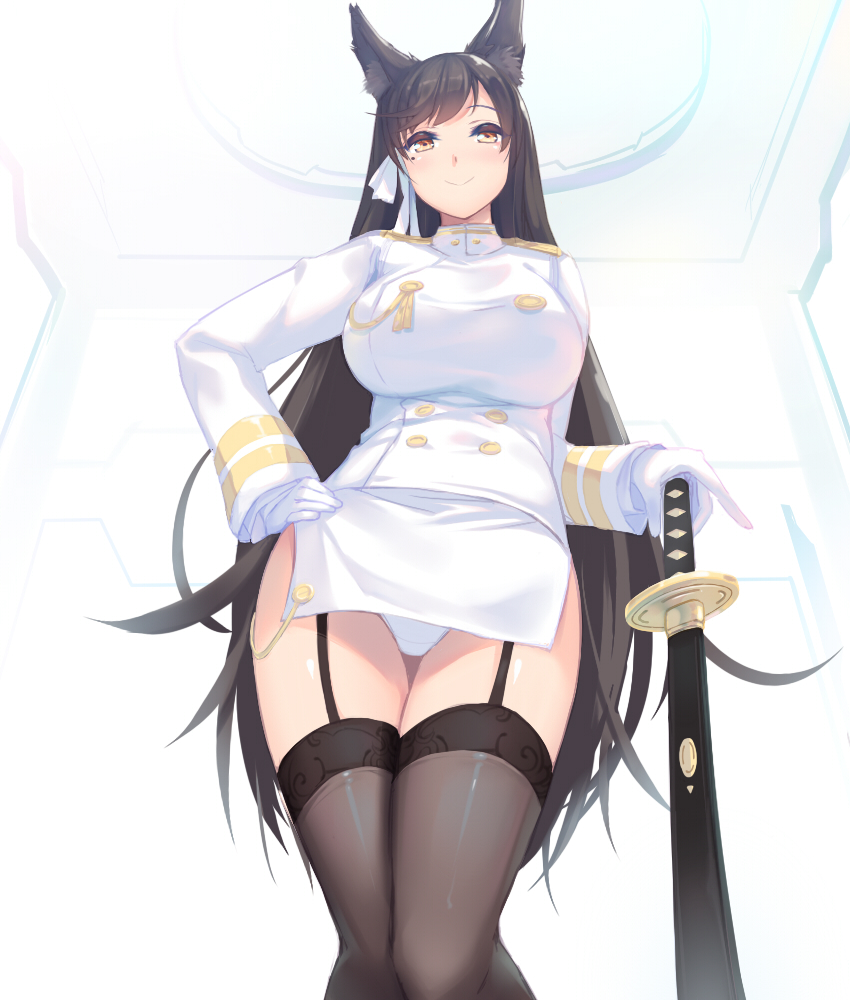 1girl, aiguillette, animal_ears, atago_(azur_lane), azur_lane, bangs, blush, breasts, brown_hair, closed_mouth, from_below, garter_straps, gloves, hand_on_hip, indoors, katana, kongeraatio, large_breasts, long_hair, long_sleeves, looking_at_viewer, looking_down, miniskirt, mole, mole_under_eye, orange_eyes, panties, pantyshot, pantyshot_(standing), sheath, sheathed, side_slit, skirt, smile, solo, standing, straight_hair, swept_bangs, sword, tareme, underwear, very_long_hair, weapon, white_gloves, white_panties, white_skirt