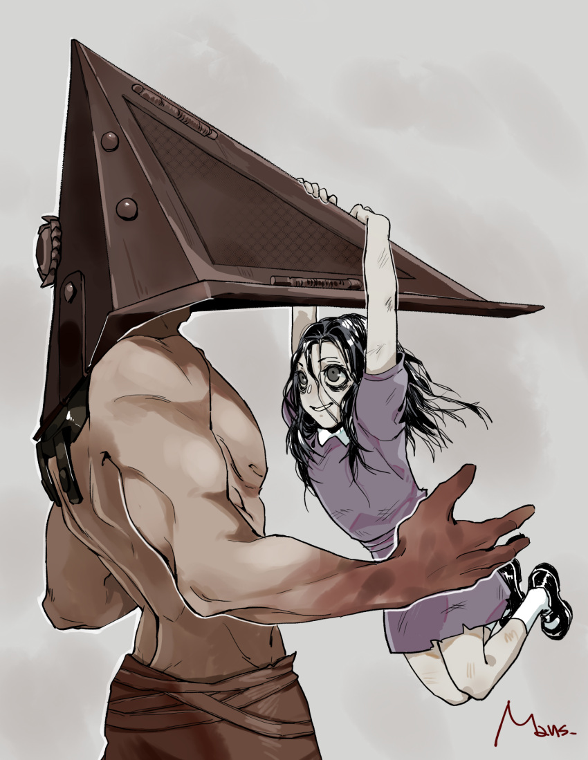 1boy, alessa_gillespie, apron, blood, dress, hat, helmet, highres, long_hair, mmmmaus, monster, pyramid_head, silent_hill, silent_hill_(movie)