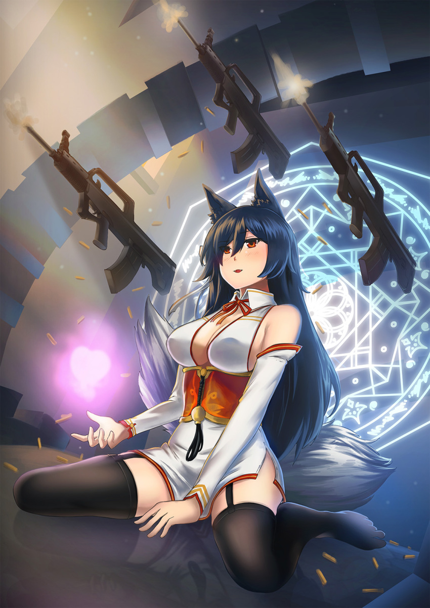 ahri, animal_ears, assault_rifle, atago_(azur_lane), atago_(azur_lane)_(cosplay), azur_lane, bare_shoulders, black_hair