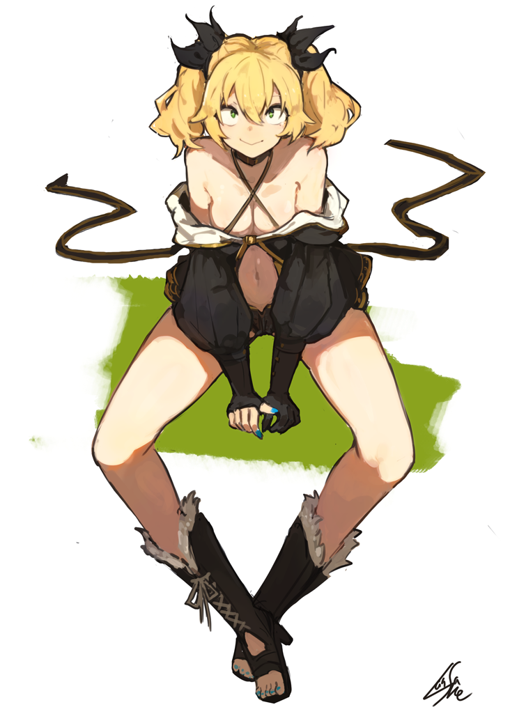 1girl, bare_shoulders, black_bow, black_footwear, black_gloves, black_jacket, blonde_hair, blue_nails