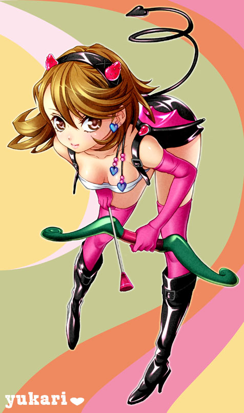 bow_(weapon), breasts, brown_eyes, brown_hair, cleavage, earrings, elbow_gloves, gloves