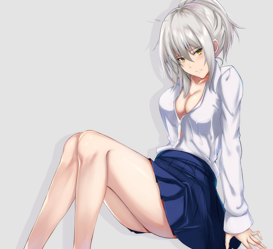1girl, arm_behind_back, arm_support, bare_legs, blue_legwear, breasts, check_commentary, cleavage