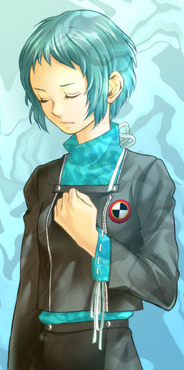 closed_eyes, green_hair, koremi2, koremitsu, persona, persona_3, ribbon, school_uniform, short_hair, solo, turtleneck, yamagishi_fuuka
