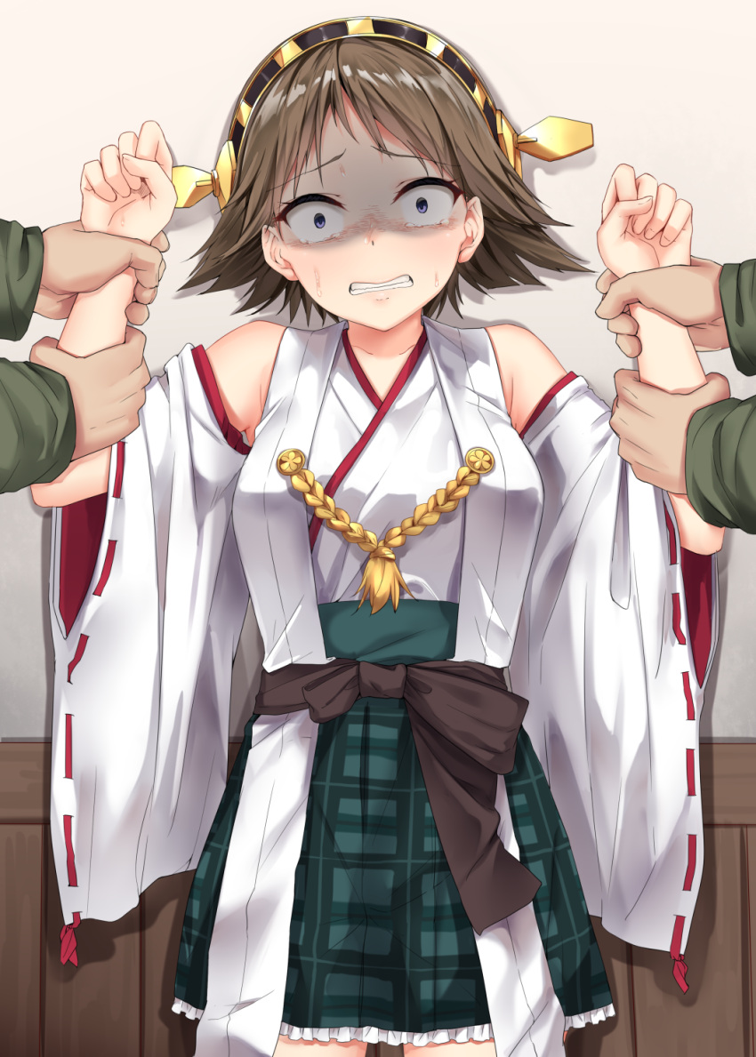 1girl, 2boys, against_wall, blue_eyes, brown_hair, clenched_teeth, collarbone, cowboy_shot