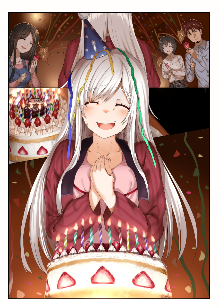 1boy, 3girls, :d, absurdres, aldehyde, apron, bangs, birthday, birthday_cake, birthday_party, black_hair, blue_shirt, blush, brown_hair, cake, candle, closed_eyes, collared_shirt, comic, eyebrows_visible_through_hair, facing_viewer, fantia_reward, fingernails, food, hair_ornament, hairclip, hands_on_own_chest, highres, imoko_(neeko's_sister), indoors, jacket, long_hair, multiple_girls, nail_polish, neeko, neeko's_father, neeko's_mother, open_mouth, original, paid_reward, party_popper, pink_nails, pink_shirt, pleated_skirt, red_jacket, shirt, short_hair, silent_comic, skirt, smile, strawberry_shortcake, sweatdrop, white_hair, wing_collar