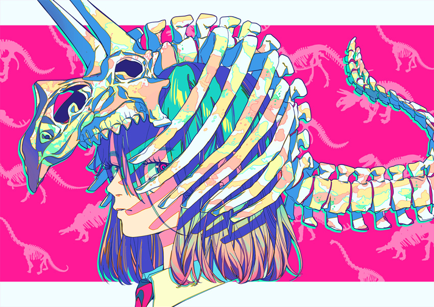 1girl, akiakane, black_neckwear, bob_cut, brown_hair, closed_mouth, dinosaur, eyebrows_visible_through_hair