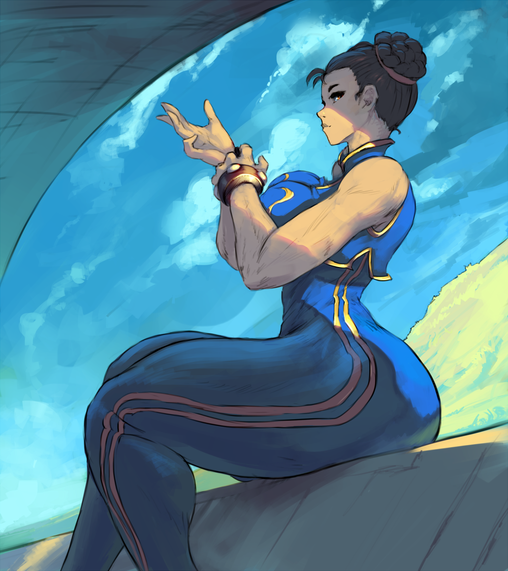 1girl, alone, alternate_costume, arms_up, asian, bare_shoulders, breasts, brown_hair, capcom, chun-li, clouds, curvy, cutesexyrobutts, female, hair_bun, hair_buns, hips, large_breasts, lips, looking_at_viewer, looking_to_the_side, short_hair, sitting, sky, solo, spiked_gauntlets, street_fighter, thick_thighs, thighs, wide_hips