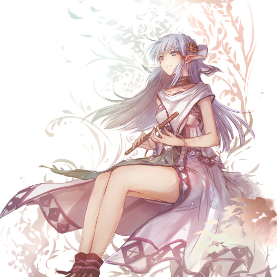 1girl, aqua_hair, blue_eyes, bracelet, dress, flute, hair_ornament, hair_ribbon, instrument, jewelry, olha_(ys), pointy_ears, ribbon, sidelocks, sitting, smile, solo, uuta_(uturautouto), white_background, wind, ys, ys_vi_ark_of_napishtim