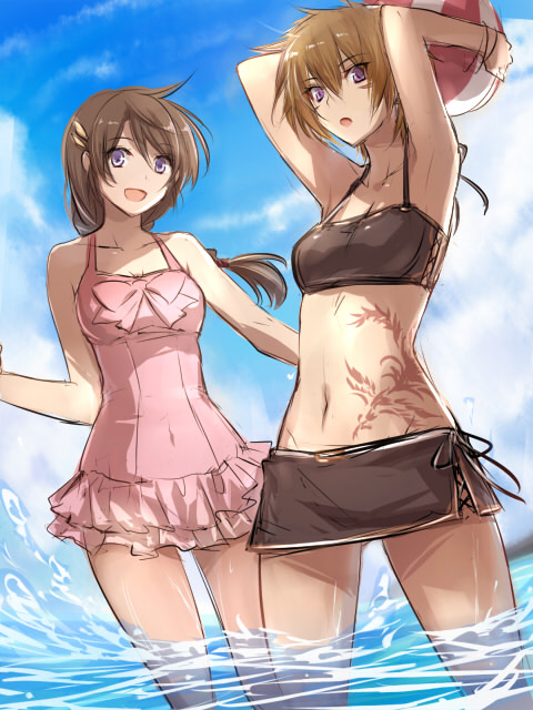 2girls, alternate_costume, ball, beachball, bikini, breasts, brown_hair, cleavage