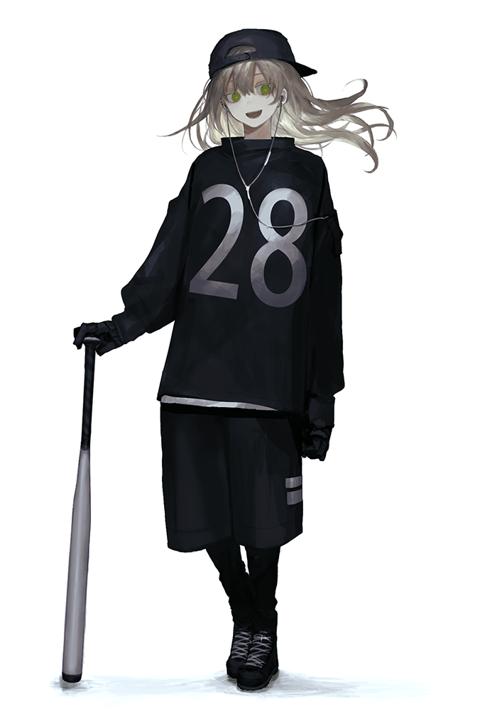 1girl, :d, baseball_bat, baseball_cap, black_footwear, black_gloves, black_legwear, black_shorts