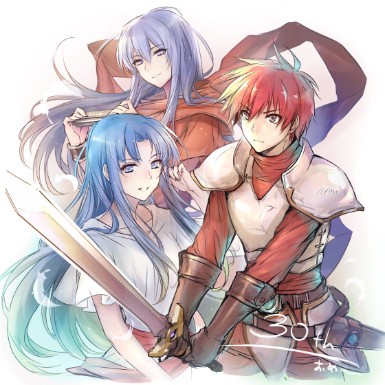 1boy, 2girls, adol_christin, ancient_ys_vanished, anniversary, armor, belt, blue_eyes