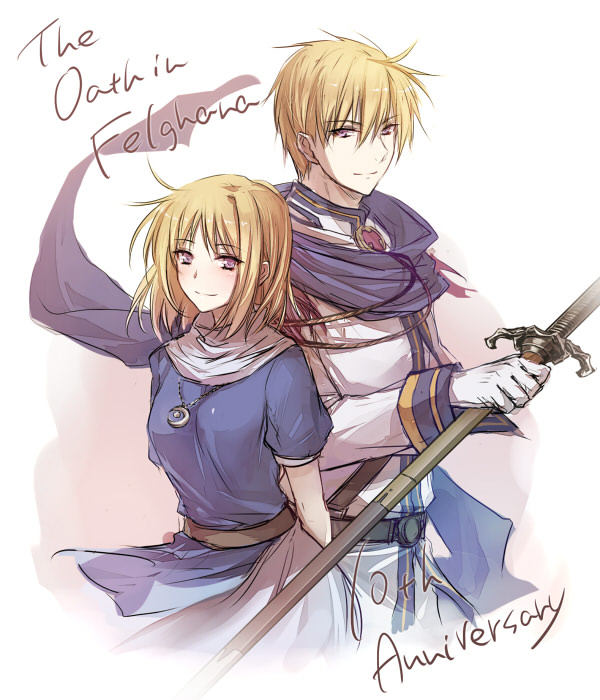 1boy, 1girl, anniversary, arms_behind_back, belt, blonde_hair, blue_dress, breasts