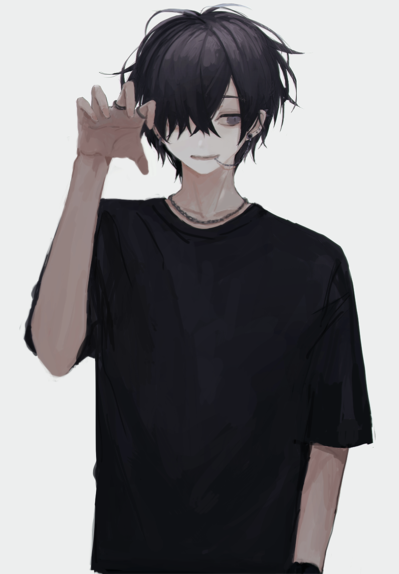 1boy, black_hair, claw_pose, earrings, grey_background, grey_eyes, grey_shirt, gwen_(g90z__), hair_over_one_eye, hand_up, jewelry, looking_away, looking_to_the_side, male_focus, mouth_hold, necklace, one_eye_covered, original, ring, shirt, short_sleeves, simple_background, solo, t-shirt, upper_body