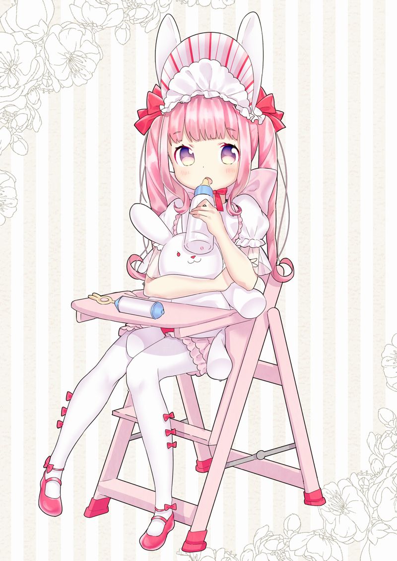 1girl, :3, :o, animal_ears, baby_bottle, bangs, bib, blush