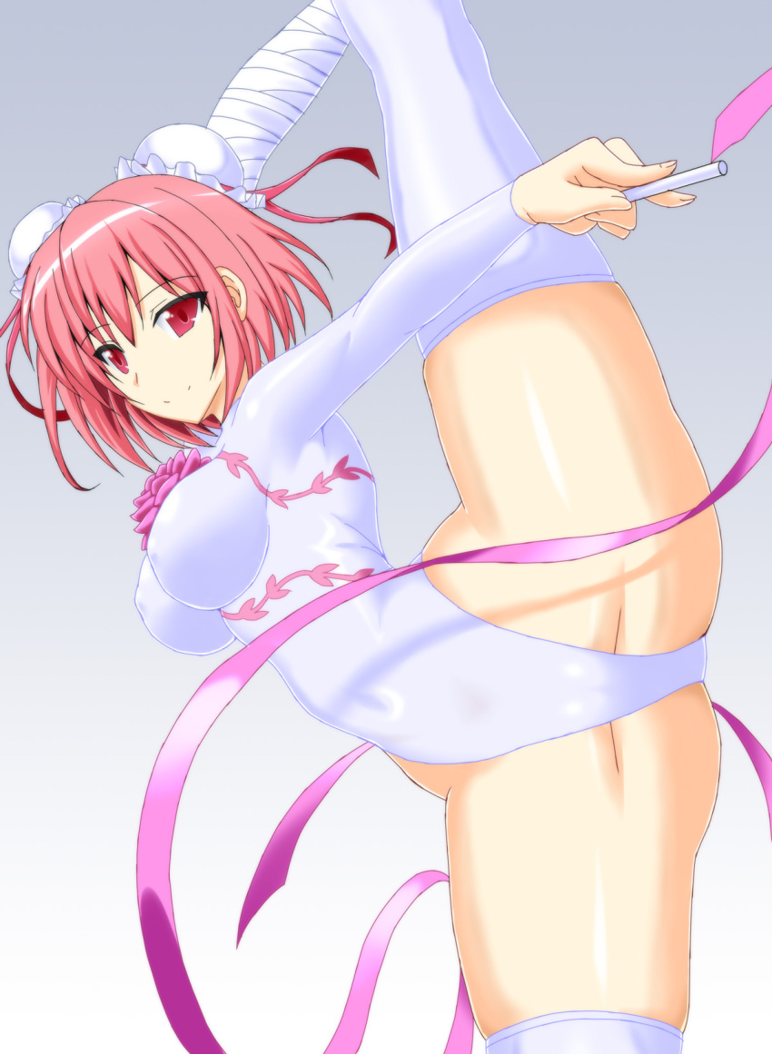 1girl, bandage, bandaged_arm, breasts, bun_cover, double_bun, erect_nipples, flower