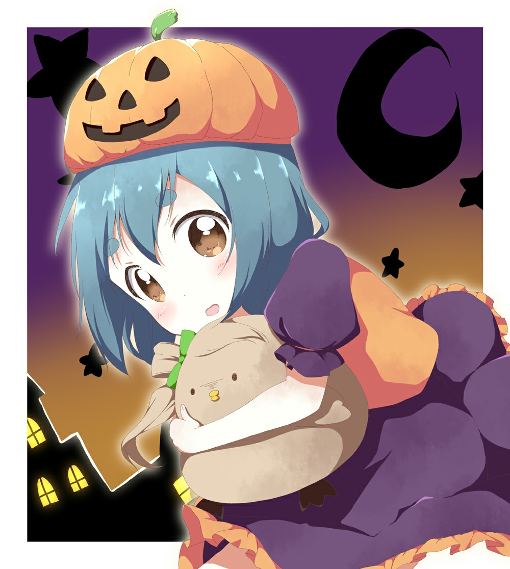 1girl, aqua_hair, blush, brown_eyes, child, commentary, crescent, doll_hug