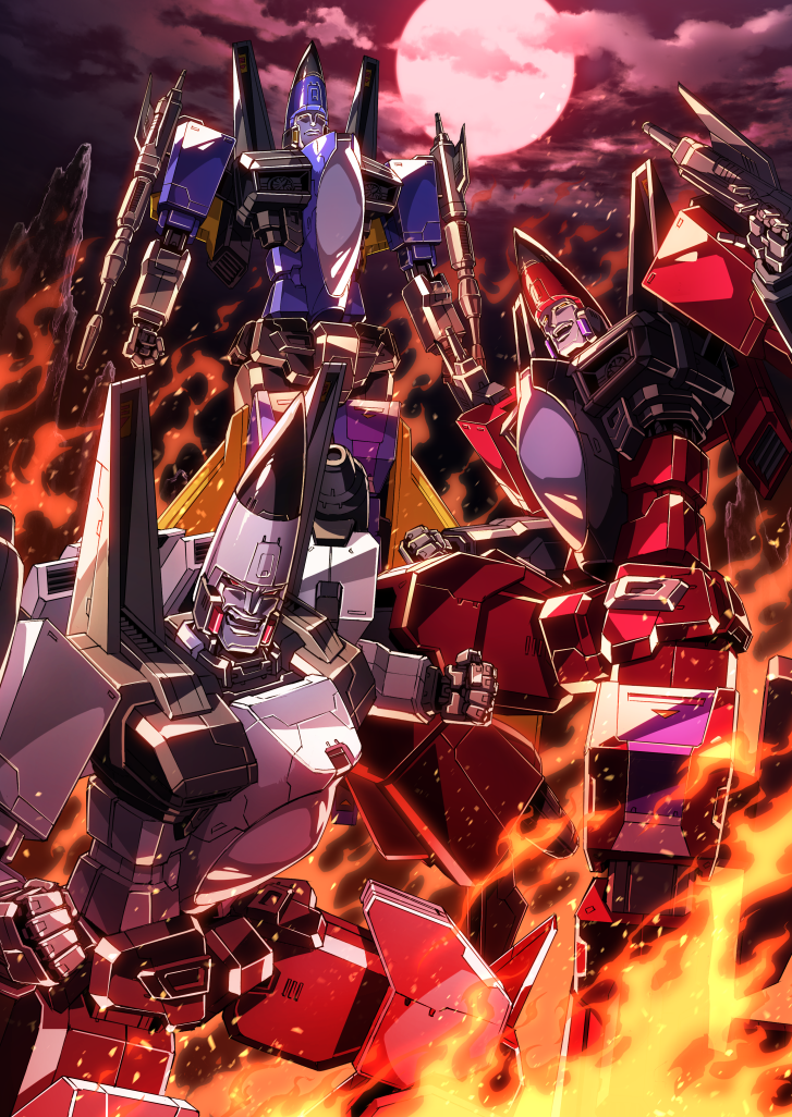 3boys, 80s, arm_cannon, cannon, clouds, conehead, decepticon, dirge_(transformers)