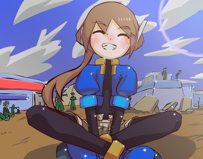 aile, bodysuit, bodysuit_under_clothes, brown_hair, eyebrows_visible_through_hair, grin, ponytail, rockman