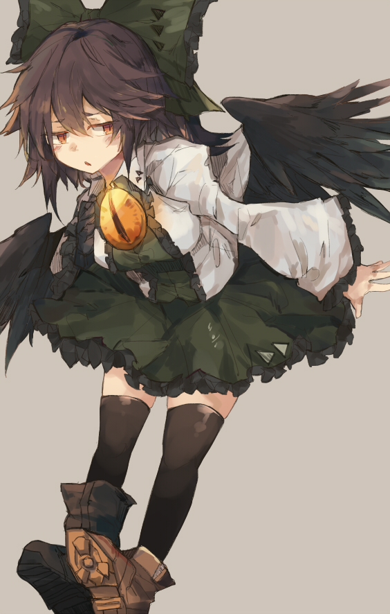 1girl, :o, bangs, black_hair, black_legwear, black_wings, bow, breasts