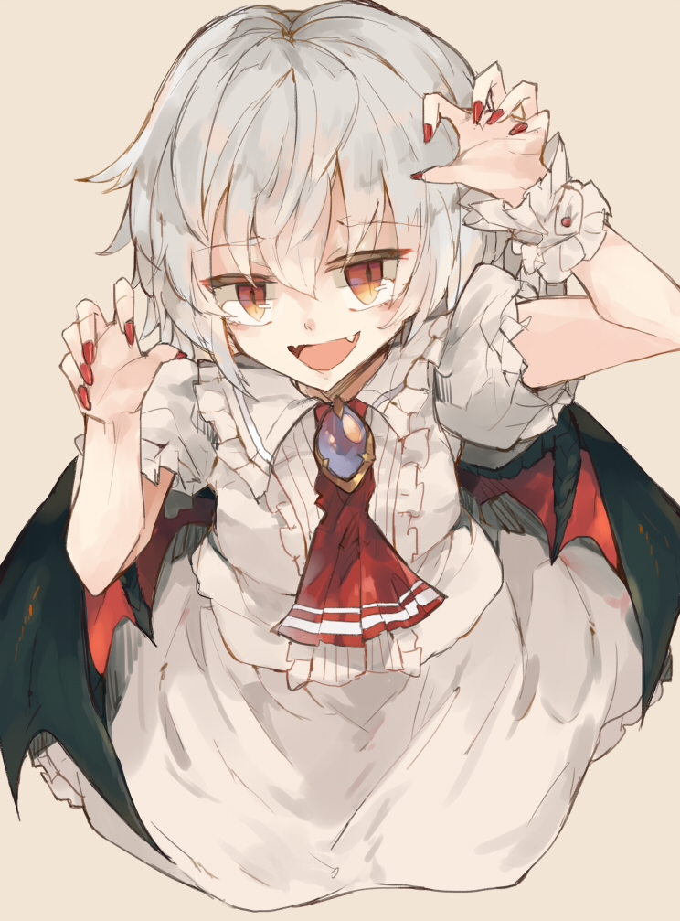 1girl, ascot, bat_wings, brooch, claw_pose, commentary_request, fangs, jewelry