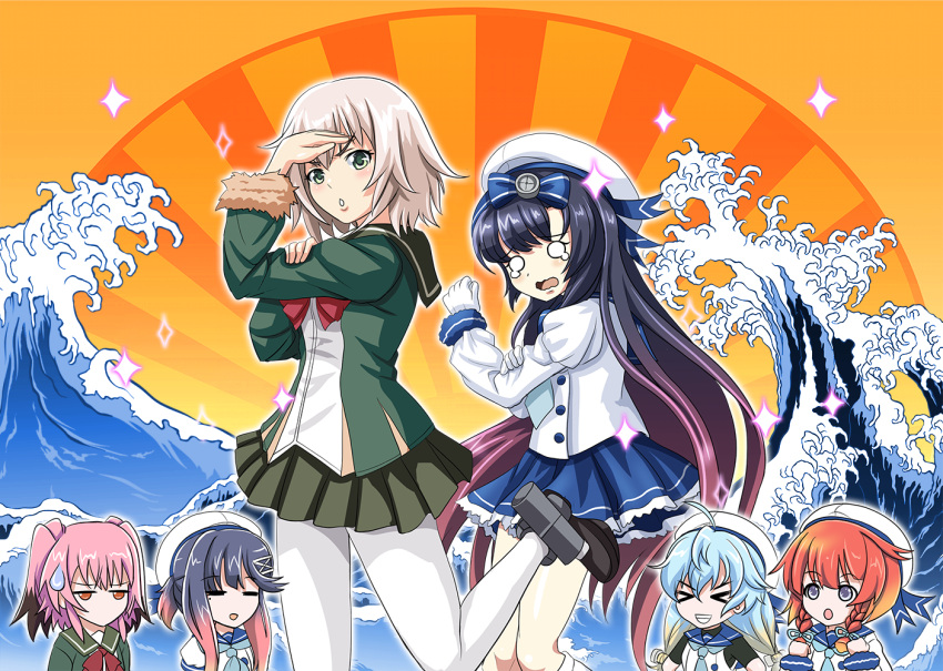 6+girls, black_hair, blonde_hair, blue_hair, blue_skirt, braid, commentary_request, etorofu_(kantai_collection)