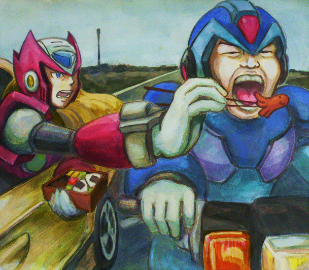 2boys, bicycle, car, chopsticks, feeding, maikeru, mega_man_(series), mega_man_x_(series)
